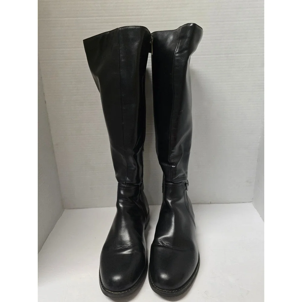 Black Knee High Riding Boots Wide Calf Elastic Gore Buckle Detail Size 9.5W